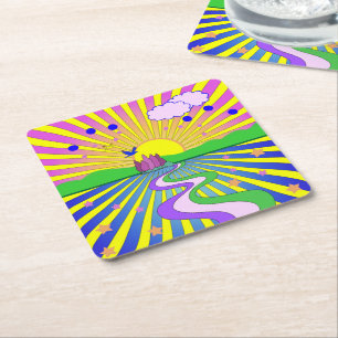 Summer of Love Psychedelic Sixties Sunburst Square Paper Coaster