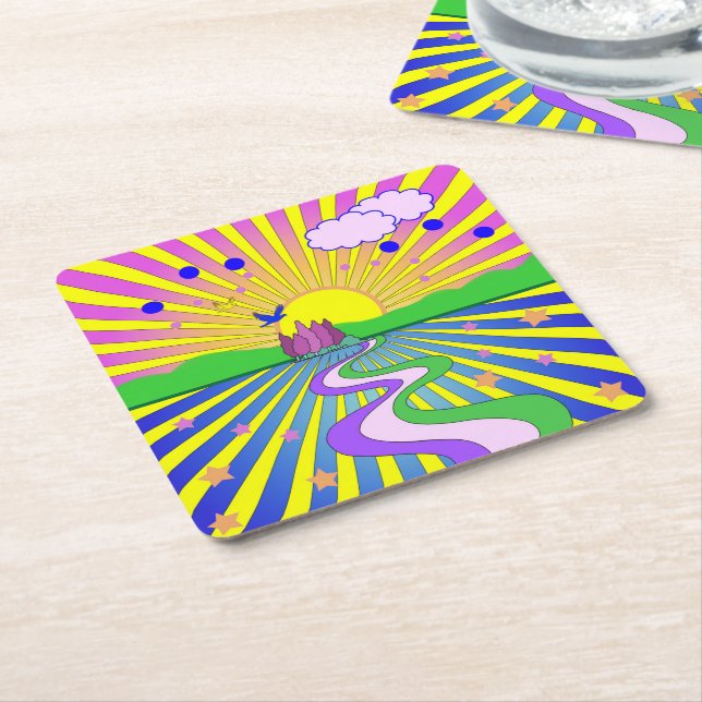 Summer of Love Psychedelic Sixties Sunburst    Square Paper Coaster (Angled)