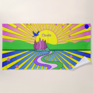Summer of Love Psychedelic Sunburst Custom Name Beach Towel