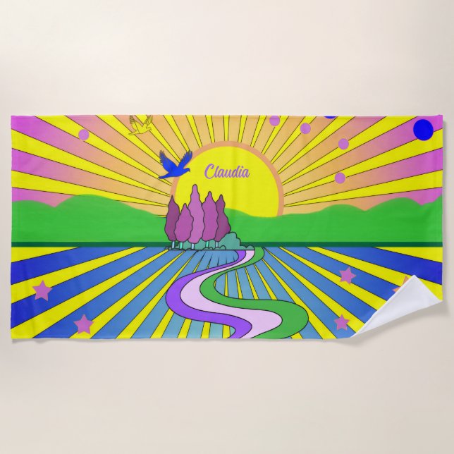Summer of Love Psychedelic Sunburst Custom Name Beach Towel (Front)