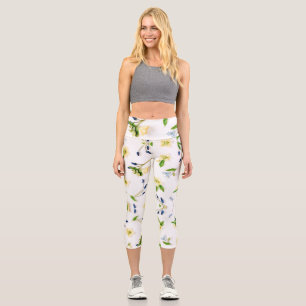 Summer off-white floral pattern capri leggings