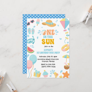 Summer One In The Sun Pool Party Girl 1st Birthday Invitation