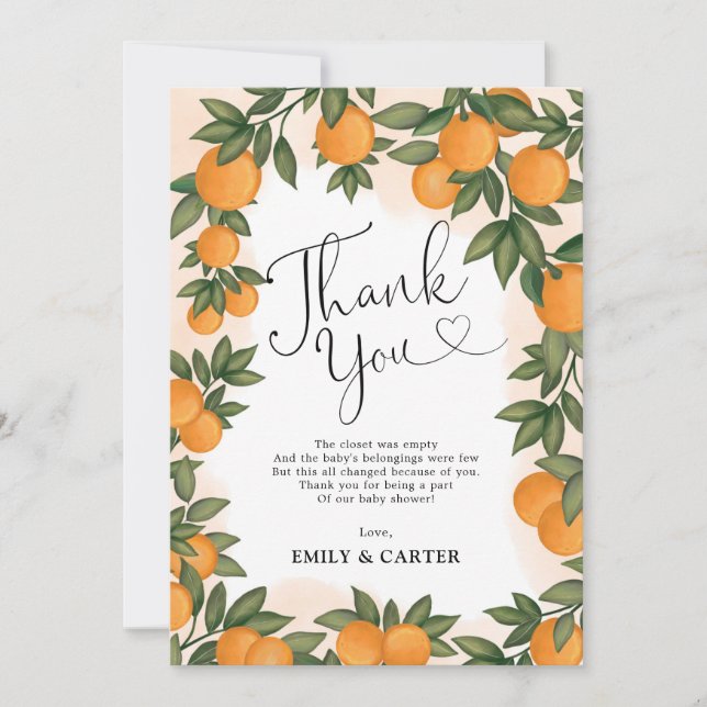 Summer Orange Citrus Botanical Greenery Shower Thank You Card (Front)