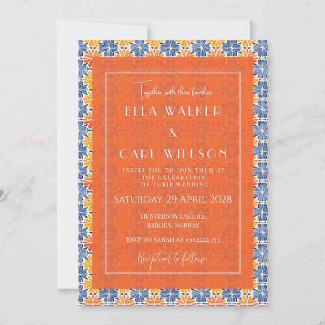 Summer Orange Floral Tile Pattern Wedding Invitation (Front)