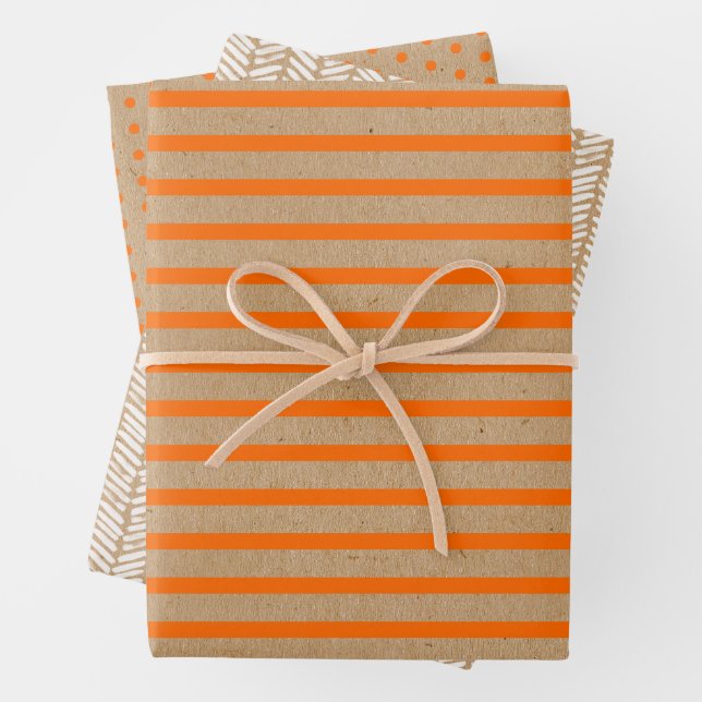 Summer Orange Lines On Faux Rustic Brown Kraft Wrapping Paper Sheet (In situ)
