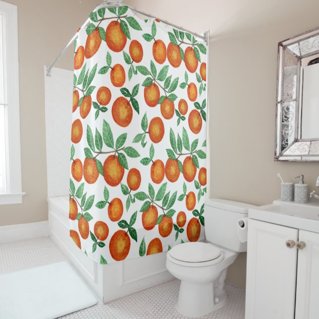 Summer Oranges Citrus Watercolor Fruit Pattern Shower Curtain (In Situ)