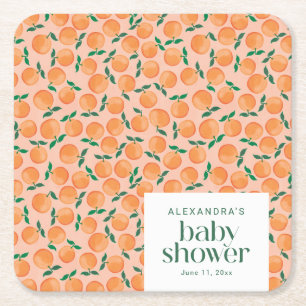 Summer Oranges Fruit Pink Baby Shower Custom Square Paper Coaster