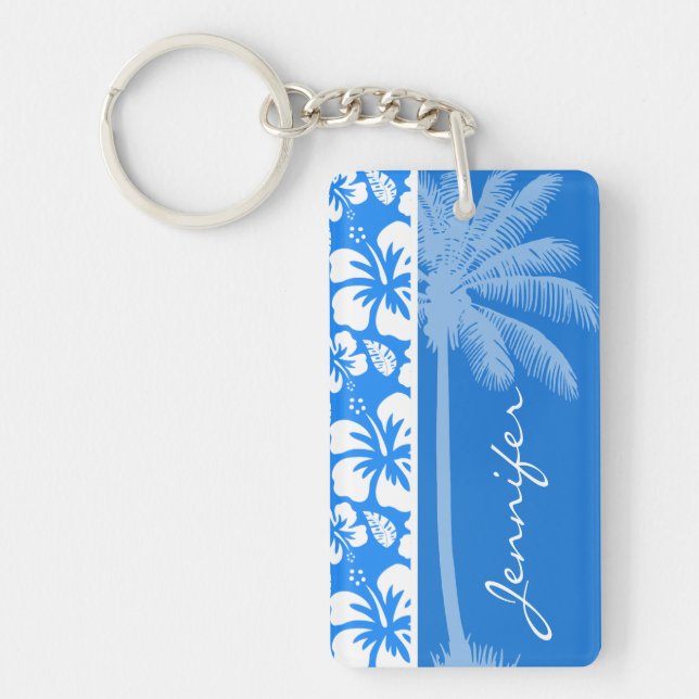 Summer Palm; Azure Blue Tropical Hibiscus Key Ring (Front)