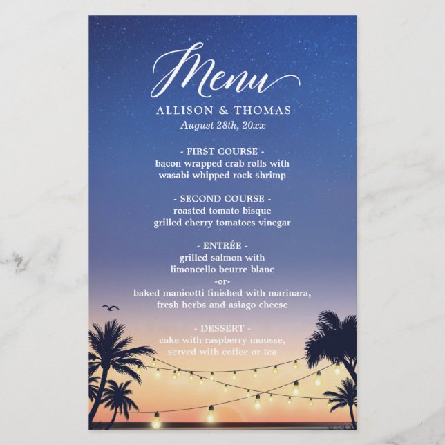 Summer Palm Beach String Light Wedding Menu (Front)