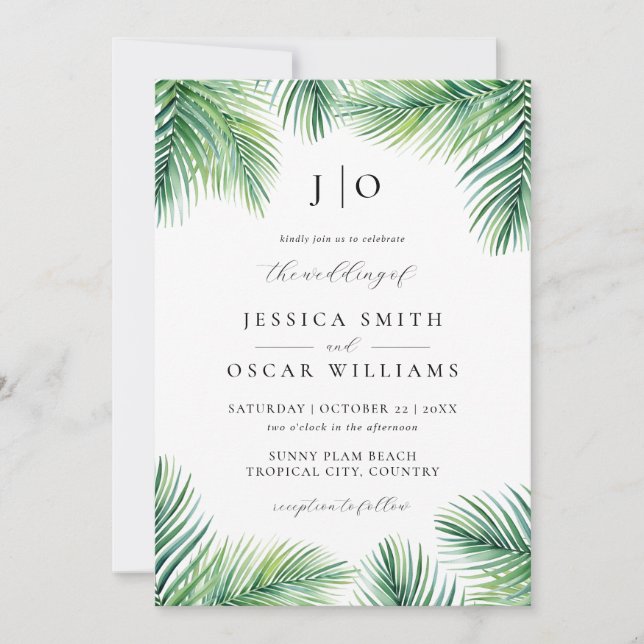 Summer Palm Botanical Tropical Destination Wedding Invitation (Front)