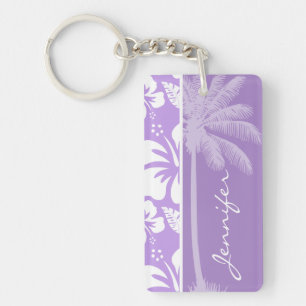 Summer Palm; Bright Lavender Tropical Hibiscus Key Ring