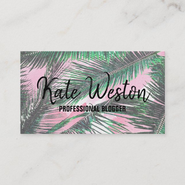 Summer Palm Leaves Pink Watercolor Brushstrokes Business Card (Front)