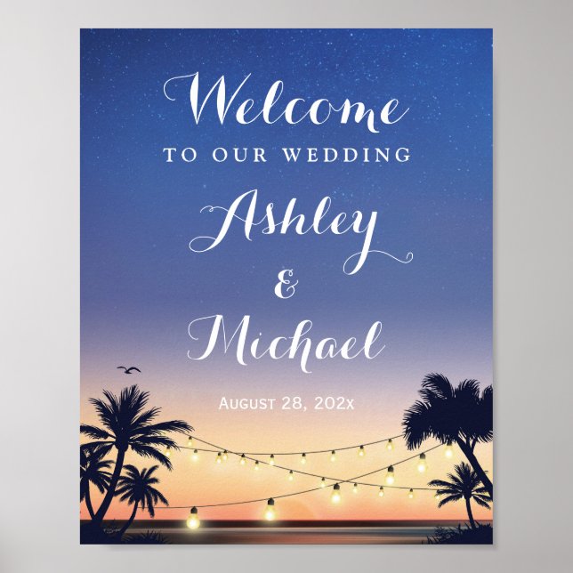 Summer Palm Tree Beach String Lights Wedding Sign (Front)