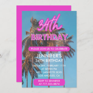 Summer Palm tree Tropical Pink 34th birthday Invitation