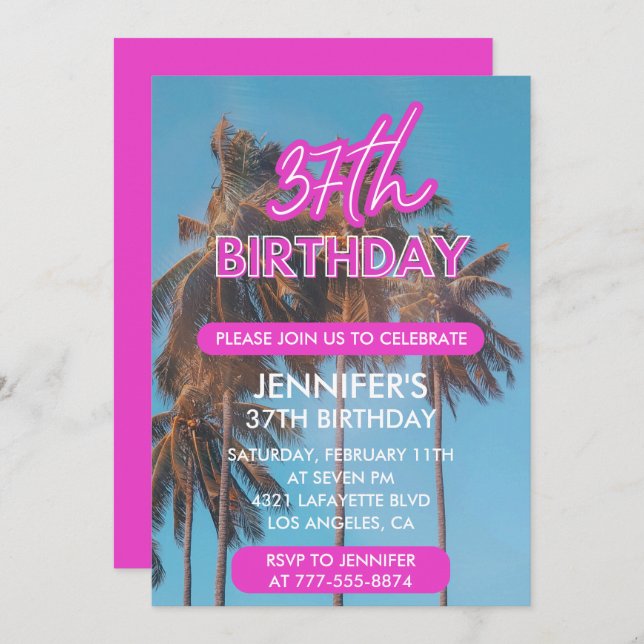 Summer Palm tree Tropical Pink 37th birthday Invitation (Front/Back)