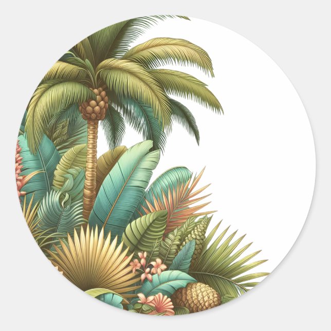 Summer Palm Tropical Tree And Leaves  Classic Round Sticker (Front)