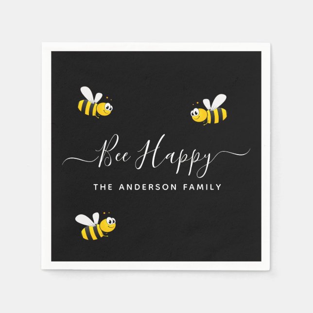 Summer party black yellow bee happy bumblebees napkin (Front)