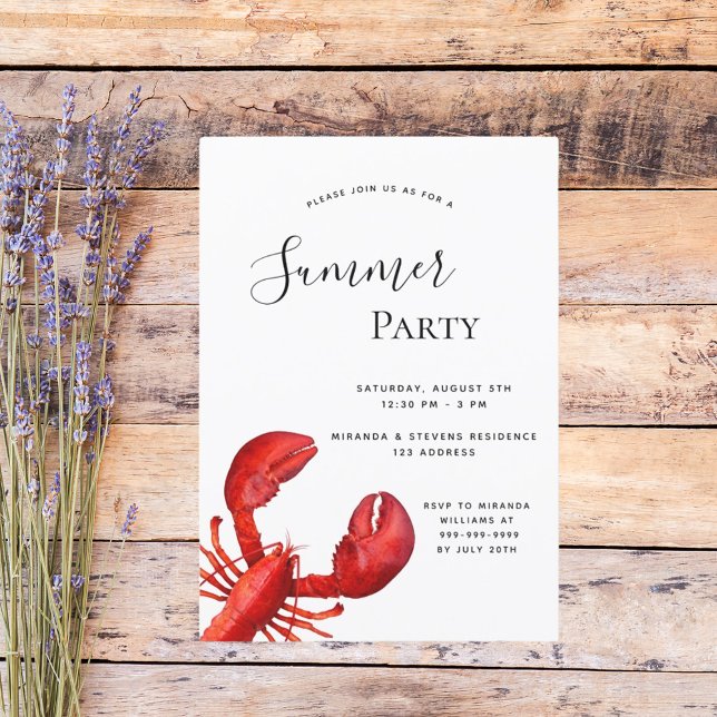 Summer party coastal beach red lobster white invitation (Creator Uploaded)