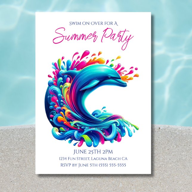 Summer Party- Colourful Dolphin Splash Invitation (Dolphin-Colorful Dolphin-Summer Party Invitations)