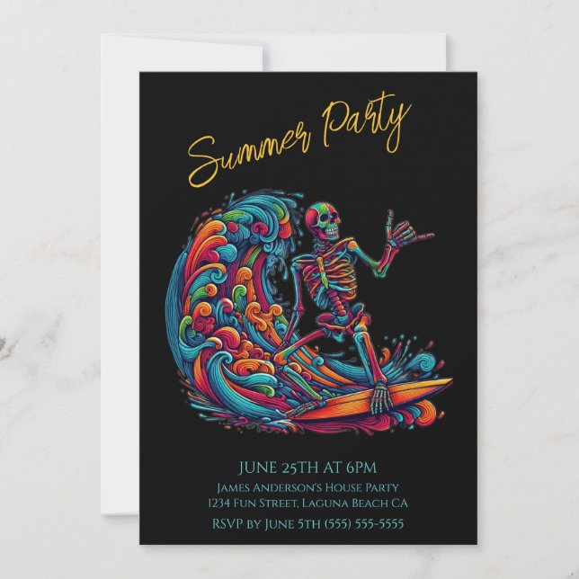 Summer Party- Colourful Skeleton Surfer Invitation (Front)