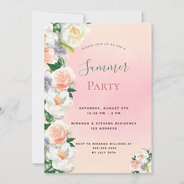 Summer party florals white pink peach invitation (Front)