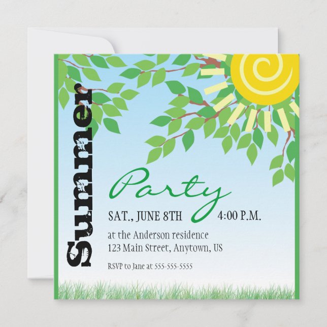 Summer Party, Green Leaves, Yellow Sun Invitation (Front)
