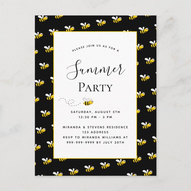 Summer party happy bumble bees backyard bbq invita postcard (Front)