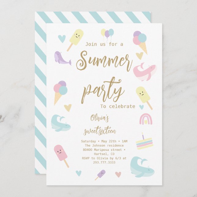 Summer Party Ice Cream Calligraphy Birthday Party Invitation (Front/Back)