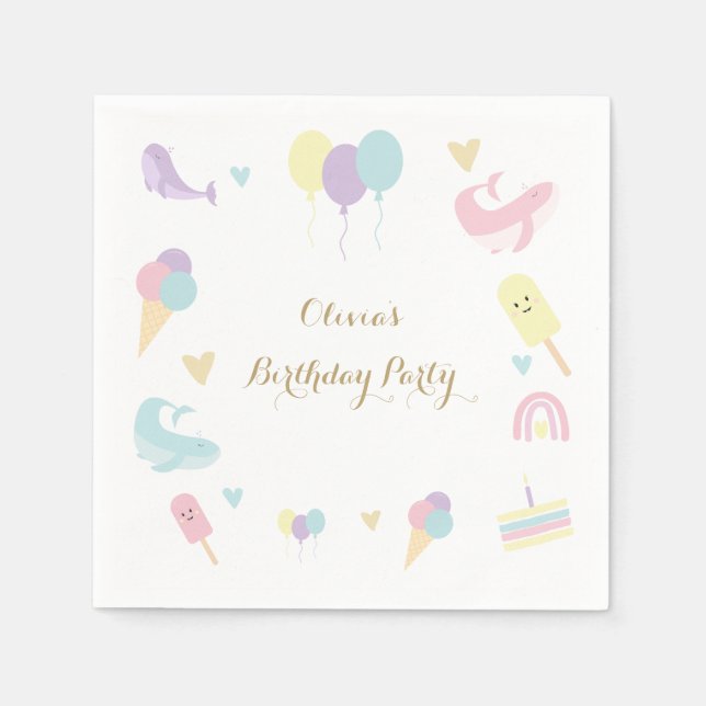 Summer Party Ice Cream Calligraphy Birthday Party Napkin (Front)