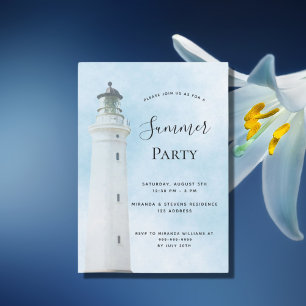 Summer party lighthouse coastal beach blue invitation