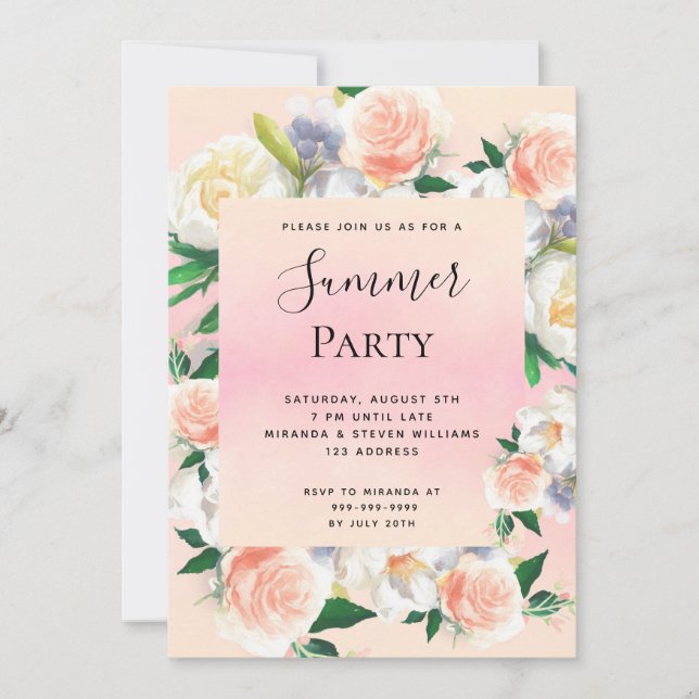 Summer party lush florals coral pink invitation (Front)