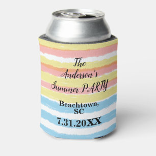Summer Party Pink Yellow Blue Watercolor Stripes Can Cooler