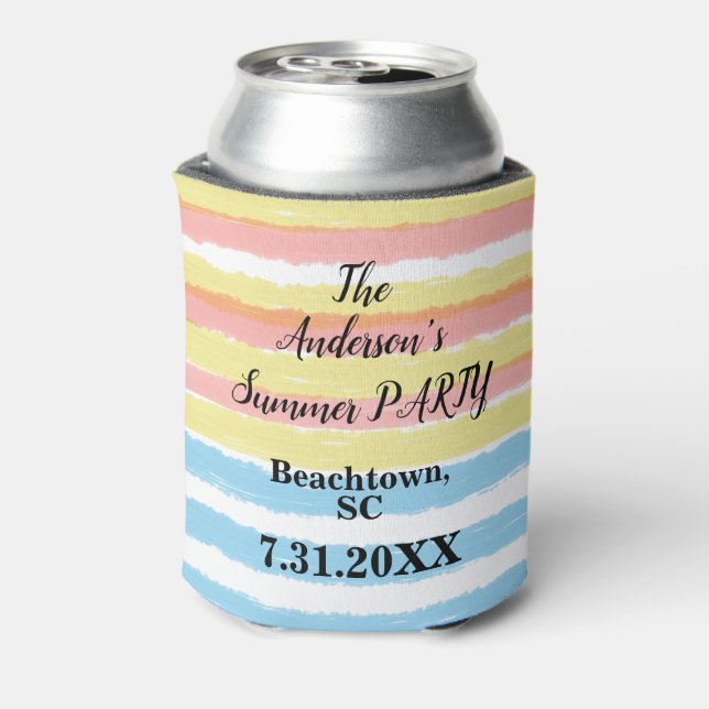 Summer Party Pink Yellow Blue Watercolor Stripes Can Cooler (Can Back)