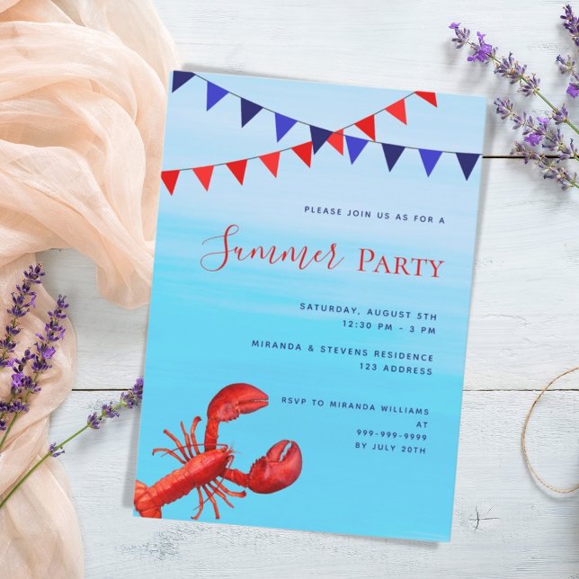 Summer party red lobster blue sea beach invitation (Creator Uploaded)