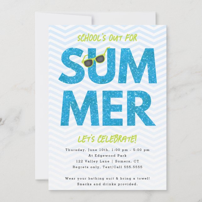 Summer Party, School's Out Blue Glitter Invitation (Front)