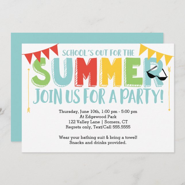Summer Party, School's Out Primary Colours Invitation (Front/Back)