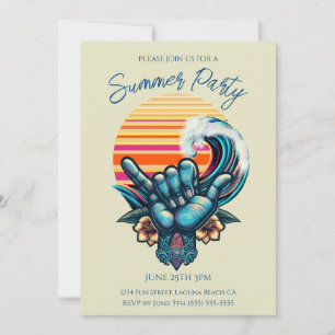 Summer Party- Surfing a Big Wave-Hand Symbol-Retro Invitation