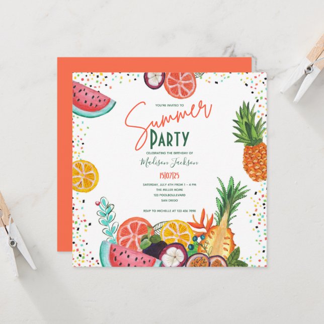 Summer party tropical fruit invitation (Front/Back In Situ)