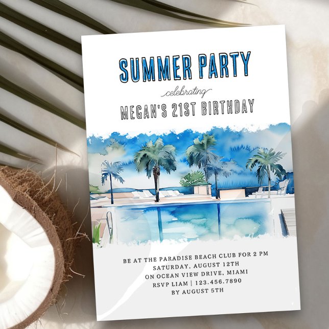 Summer Party Watercolor Tropical Pool Birthday Invitation (Summer Birthday Party Invitation with inviting pool scene)