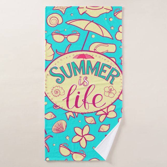 Summer pattern on turquoise background: umbrella,s bath towel (Bath Towel)