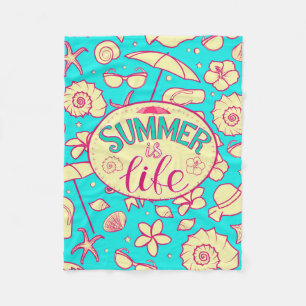 Summer pattern on turquoise background: umbrella,s fleece blanket