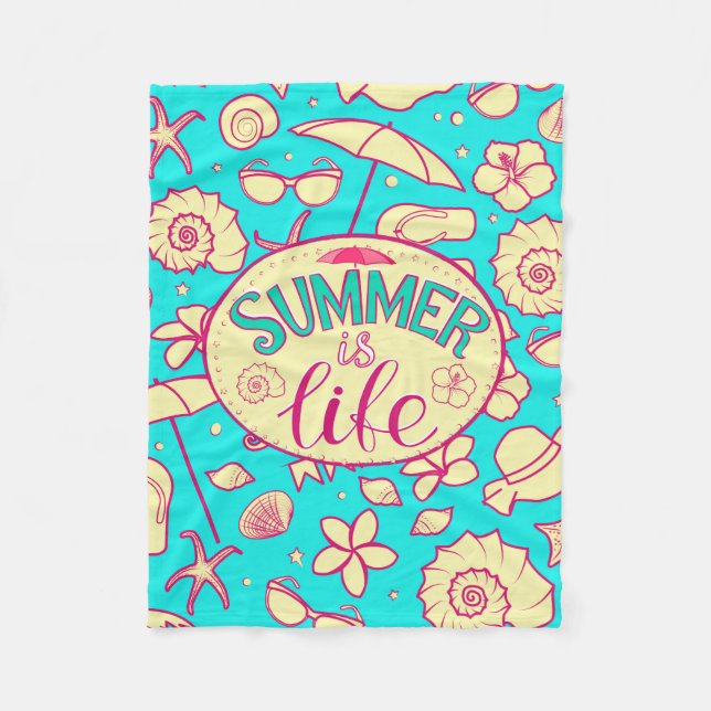 Summer pattern on turquoise background: umbrella,s fleece blanket (Front)