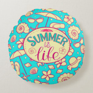 Summer pattern on turquoise background: umbrella,s round cushion