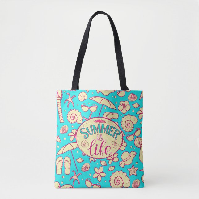 Summer pattern on turquoise background: umbrella,s tote bag (Front)