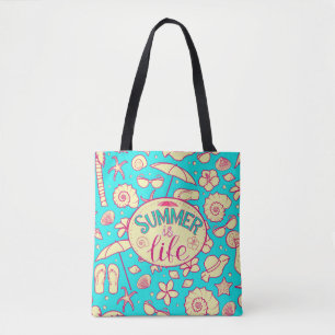 Summer pattern on turquoise background: umbrella,s tote bag
