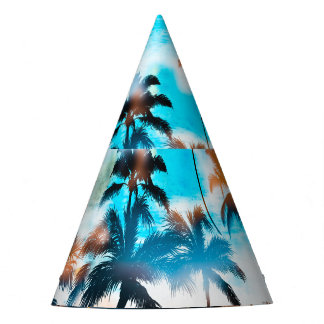 Summer pattern, tropical trees, sky. party hat