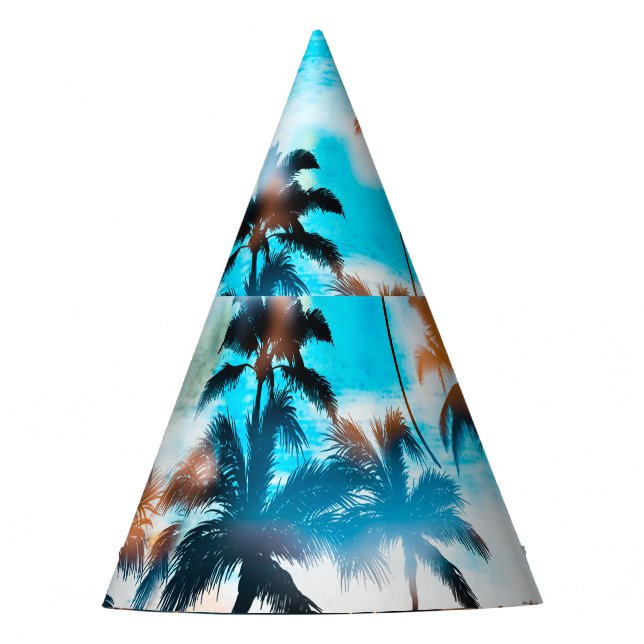 Summer pattern, tropical trees, sky. party hat (Front)