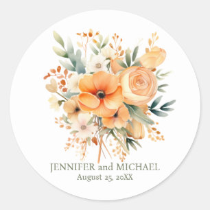 Summer Peach and Green Floral Wedding Classic Round Sticker