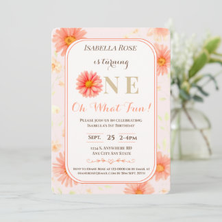 Summer Peach Daisy•Custom Baby Girl 1st Birthday Invitation