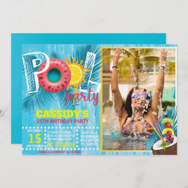 Summer Photo Pool Party Birthday Invitation (Front/Back)
